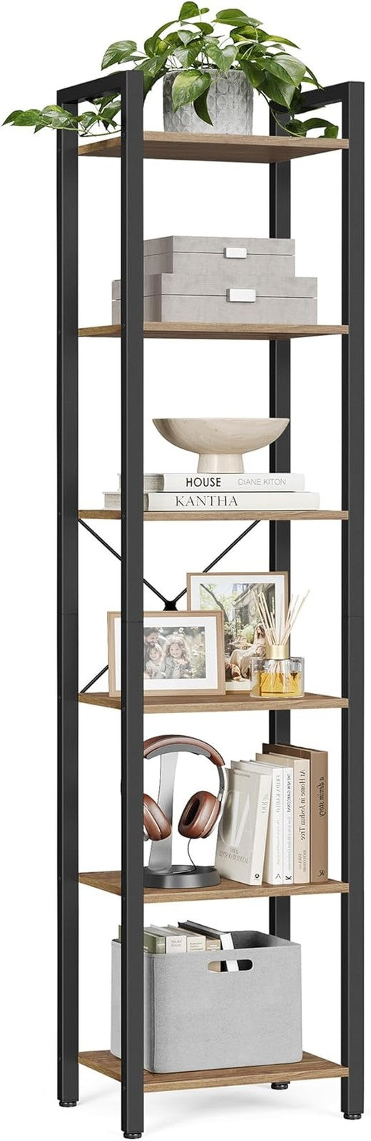 6-Tier Industrial Bookshelf Slim Wheat Brown Metal Wood Tall Storage Unit