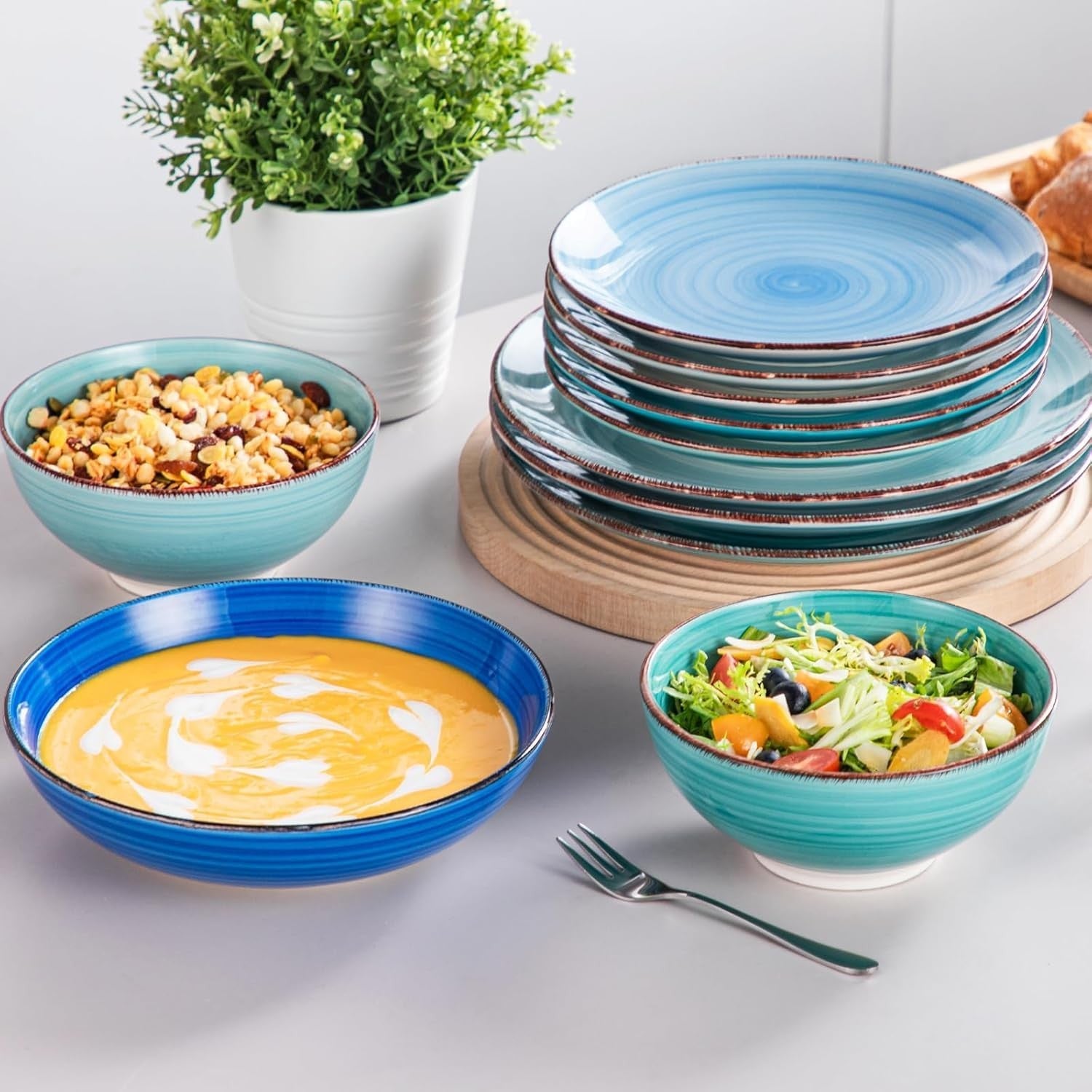 24pc Stoneware Dinner Set for 6 Blue Spiral Plates Bowls Serving Dishes