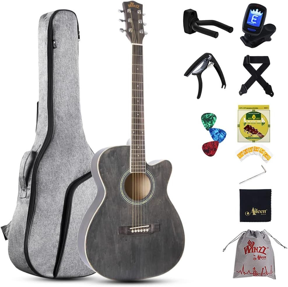 3/4 Acoustic Guitar 36in Cutaway Starter Kit Black Grey