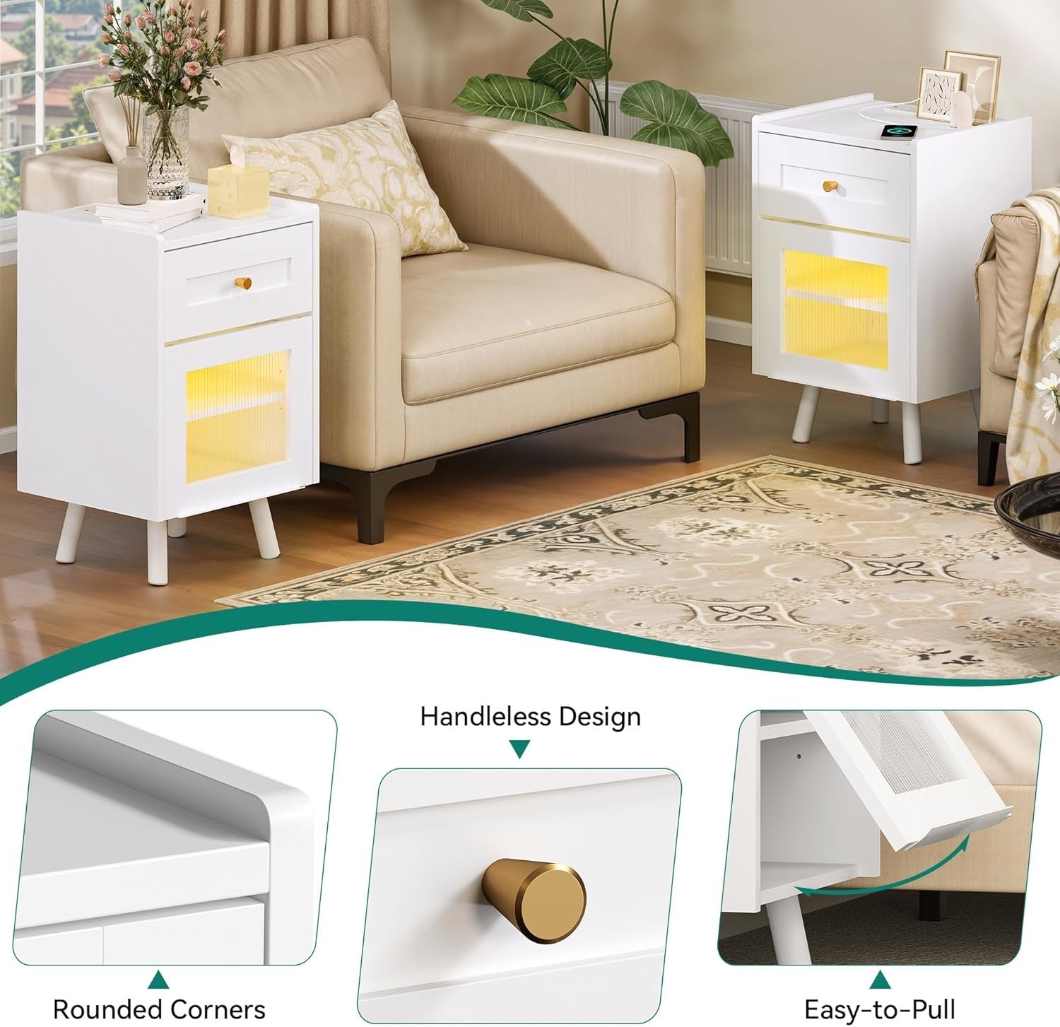 White LED Bedside Table | Nightstand with Drawer & Adjustable Shelf 40×62cm