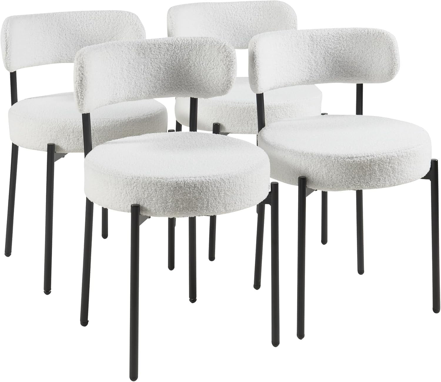 100CM Round Glass Dining Table with 4 White Upholstered Chairs Set