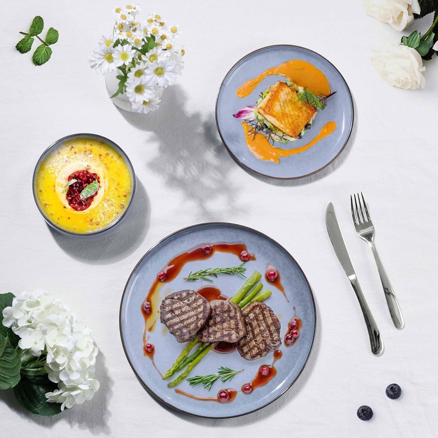 12pc Stoneware Dinner Set Plates Bowls Microwave Dishwasher Safe Blue