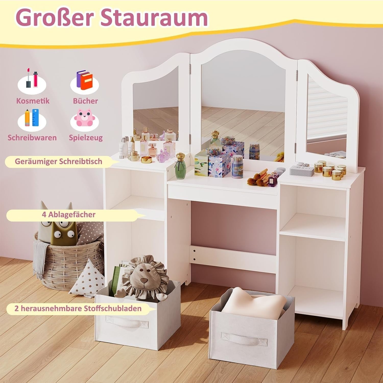 Kids Vanity Table & Chair Set w/ Mirror & Storage – White Makeup Desk for Girls