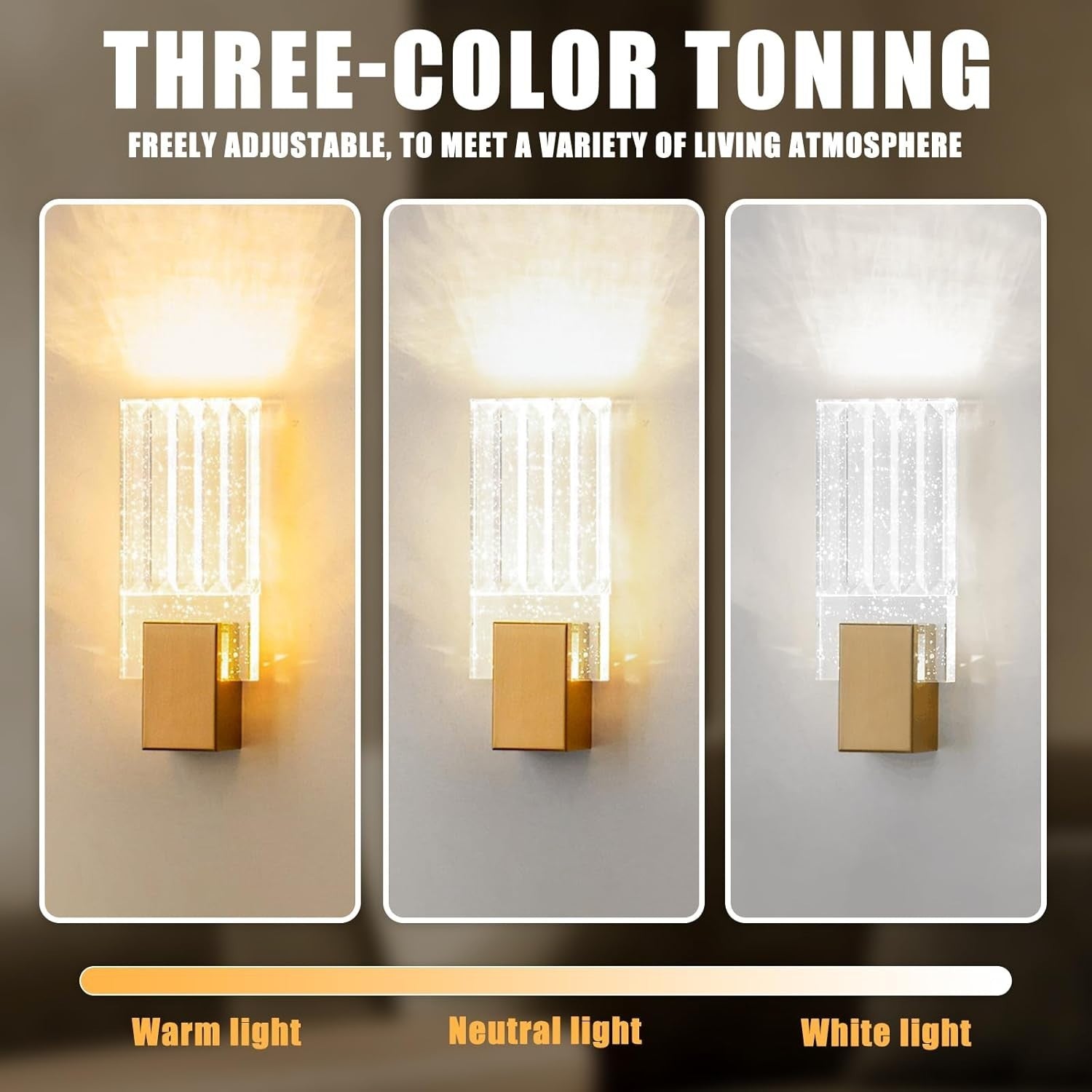 Modern Gold LED Crystal Wall Lights 2-Pack | 3-Color Luxury Indoor Sconces