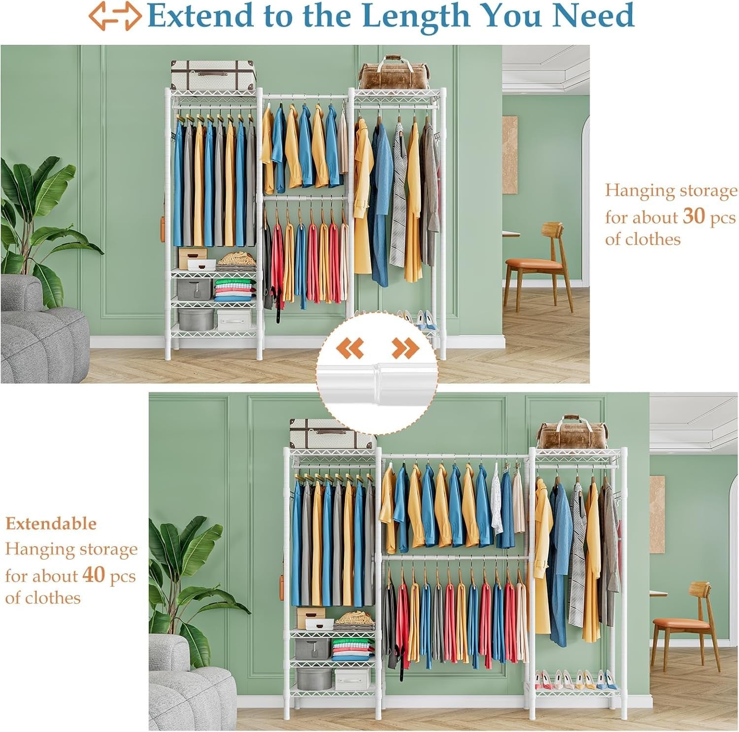 Expandable Heavy Duty Clothes Rail with Shelves – White 180cm