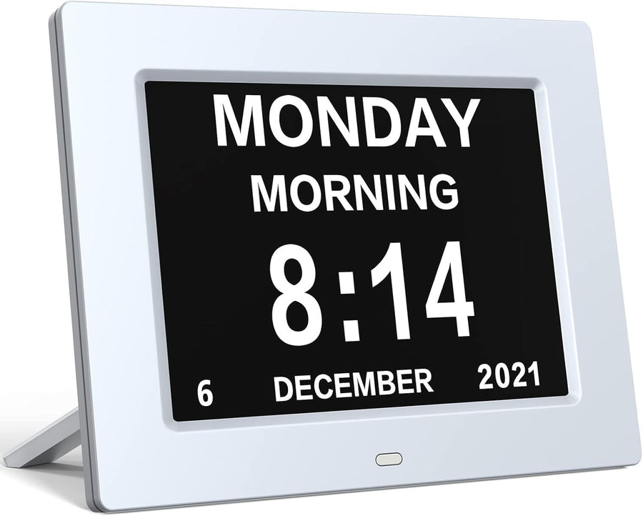 8” Dementia Digital Alarm Clock Large Day Date Auto Dimming Temp Humidity