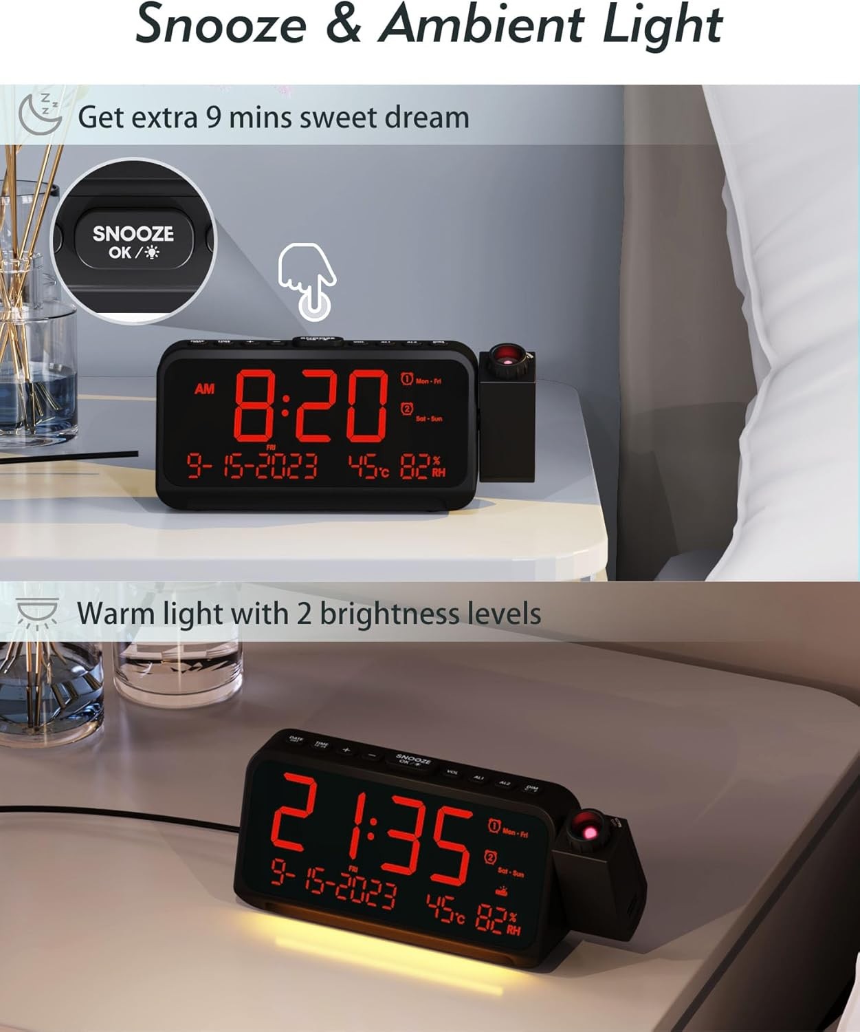Projection Alarm Clock Ceiling Large Display Dual Alarm Temp Humidity Loud