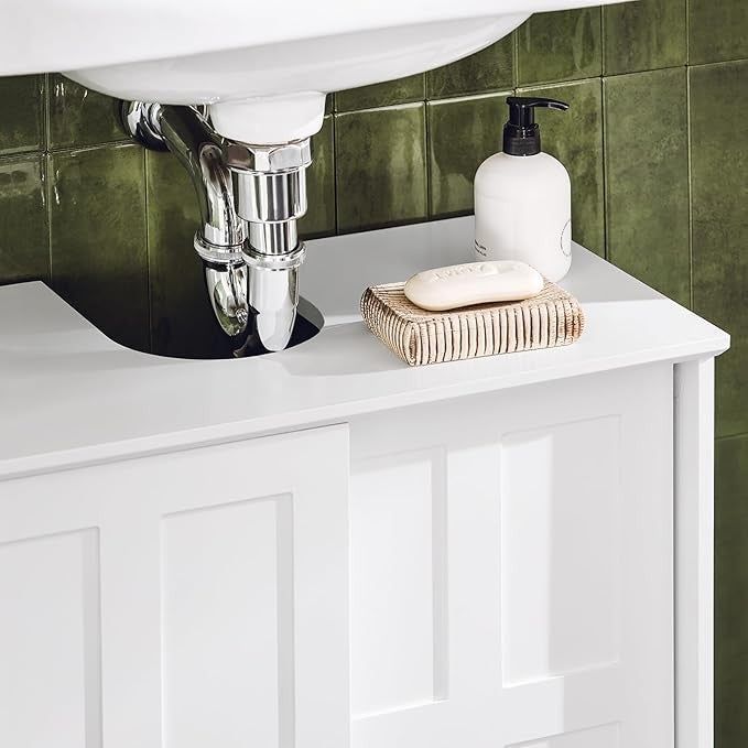 White Under Sink Bathroom Cabinet 60cm Vanity Unit with Sliding Doors Storage