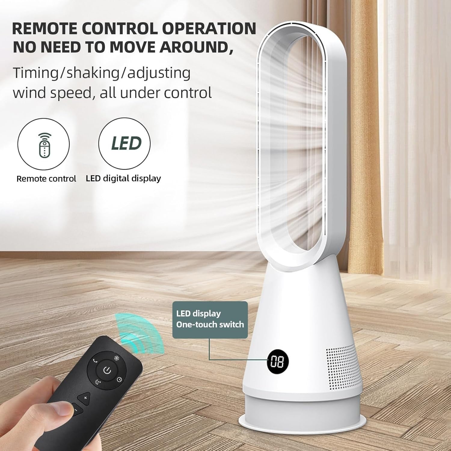 Grey Bladeless Tower Fan 8-Speed LED Display Quiet Cooling 9H Timer 32dB Modern