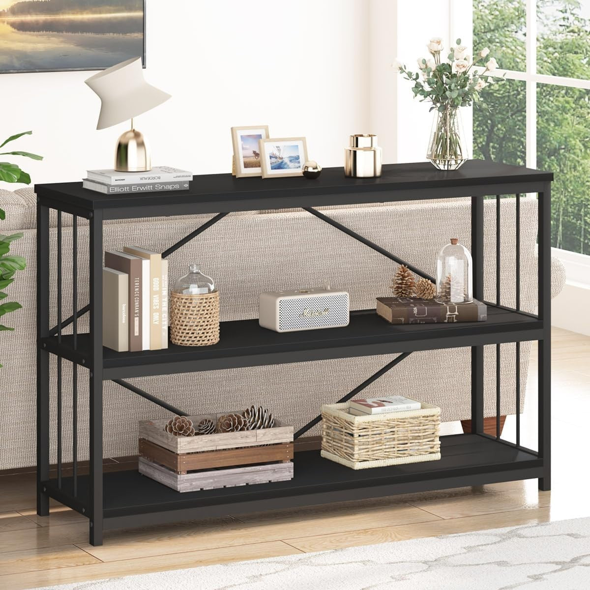 Modern Industrial 3-Tier Sofa Table with Storage Shelves, 120x34x74cm