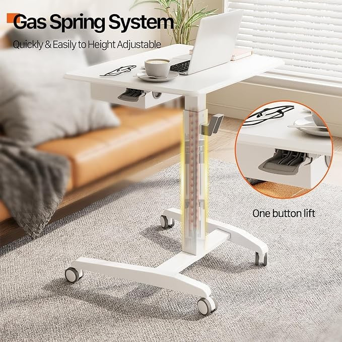 Height Adjustable Rolling Standing Laptop Desk with Shelf Mobile Table White