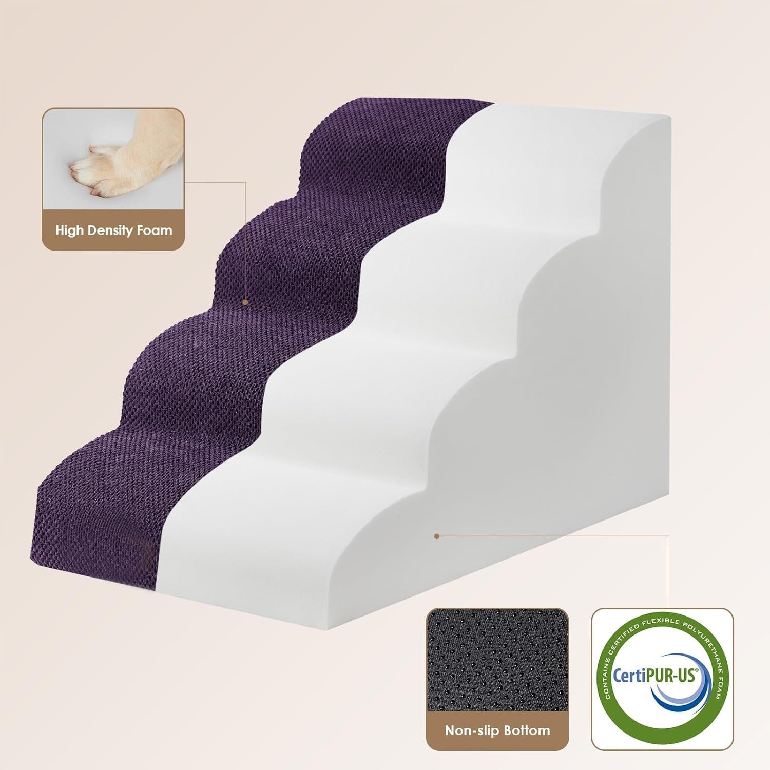 4 Step Dog Stairs for High Bed Non Slip Foam Pet Steps Purple