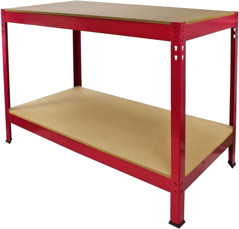 Heavy Duty Garage Workbench 120x60cm Red Steel Frame with 2 MDF Shelves