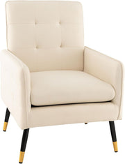 Beige Tufted Accent Armchair Linen Lounge Chair Metal Legs