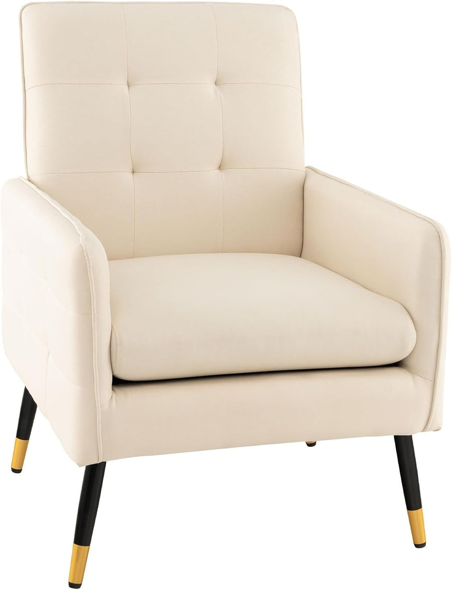 Beige Tufted Accent Armchair Linen Lounge Chair Metal Legs