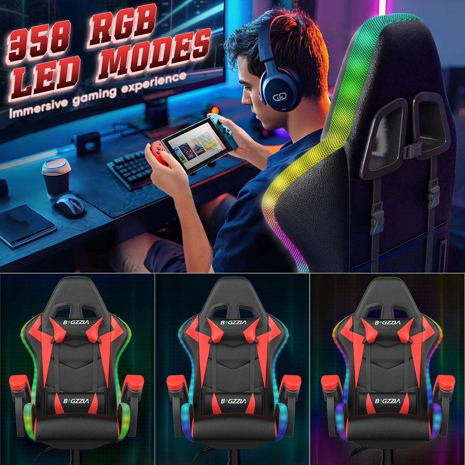RGB Gaming Chair LED Lights Reclining PU Leather Red Black