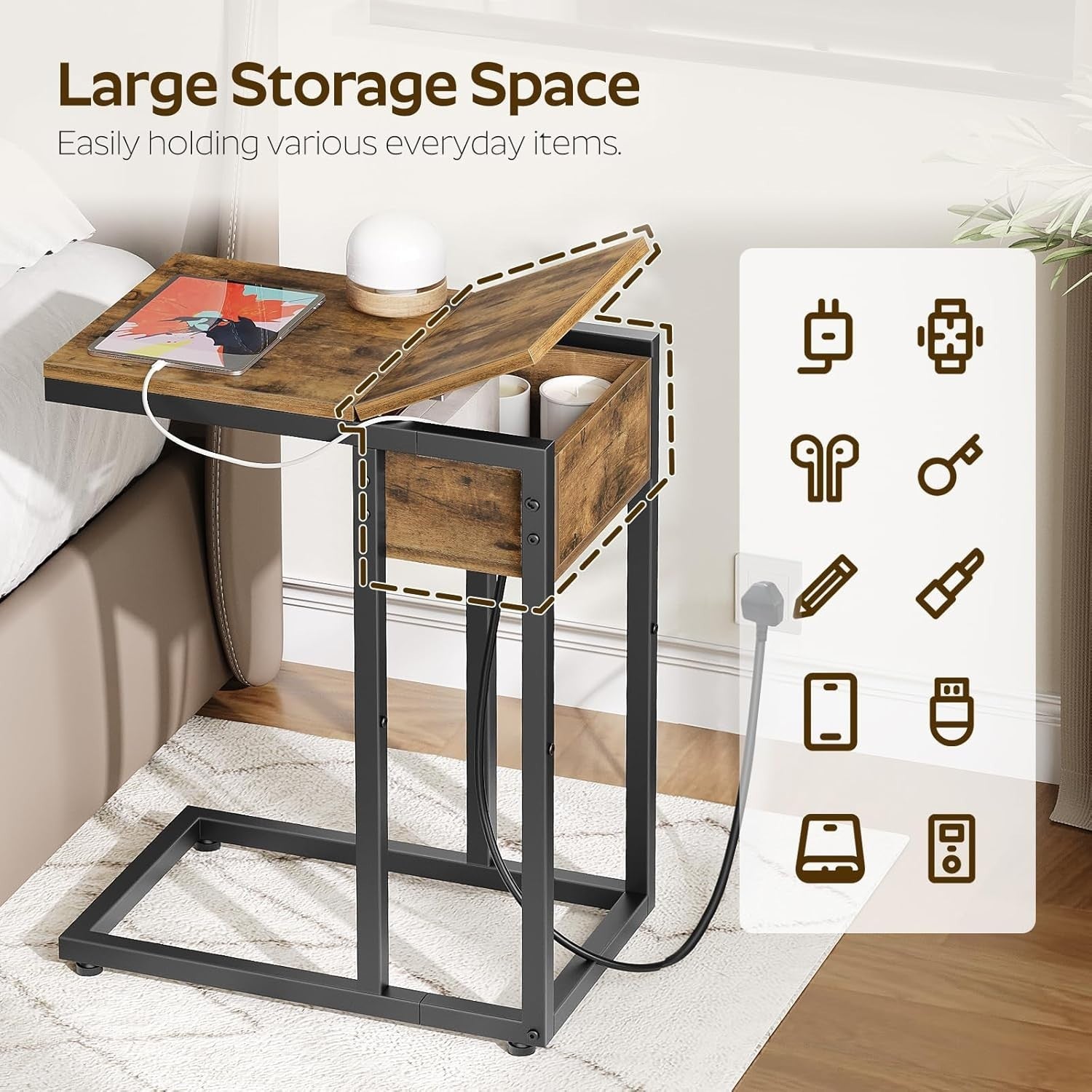 C Shaped Side Table with USB Ports, Outlet & Storage, Small Rustic End Table