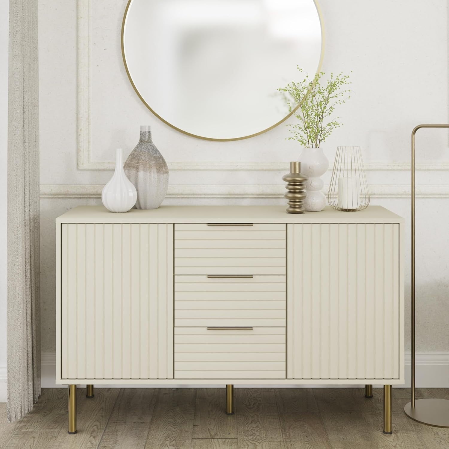 Ivory Sideboard Cabinet with Shutter Doors 3 Drawers Modern Storage Unit