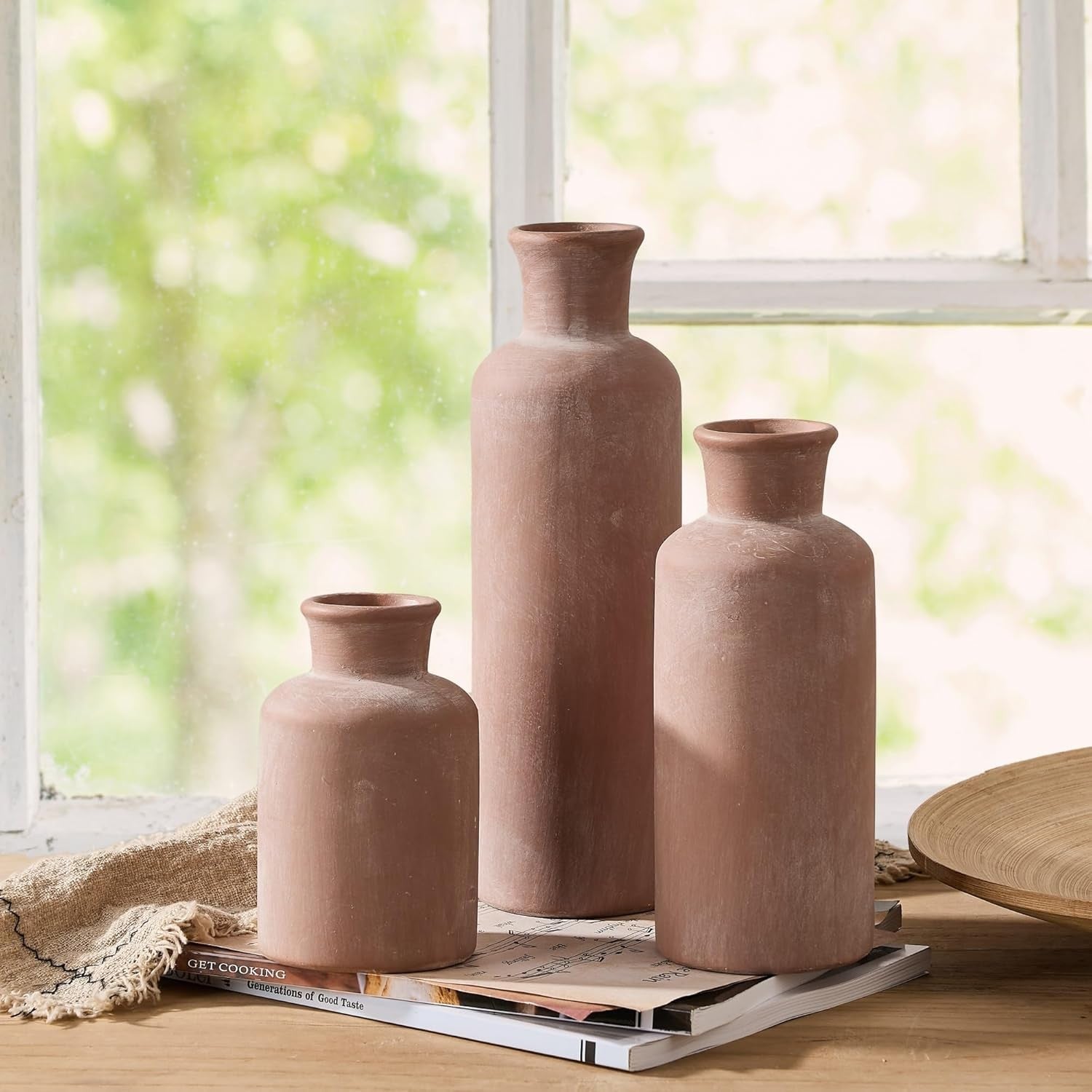 Ceramic Rustic Farmhouse Vase Set of 3 Whitewashed Terracotta Home Décor