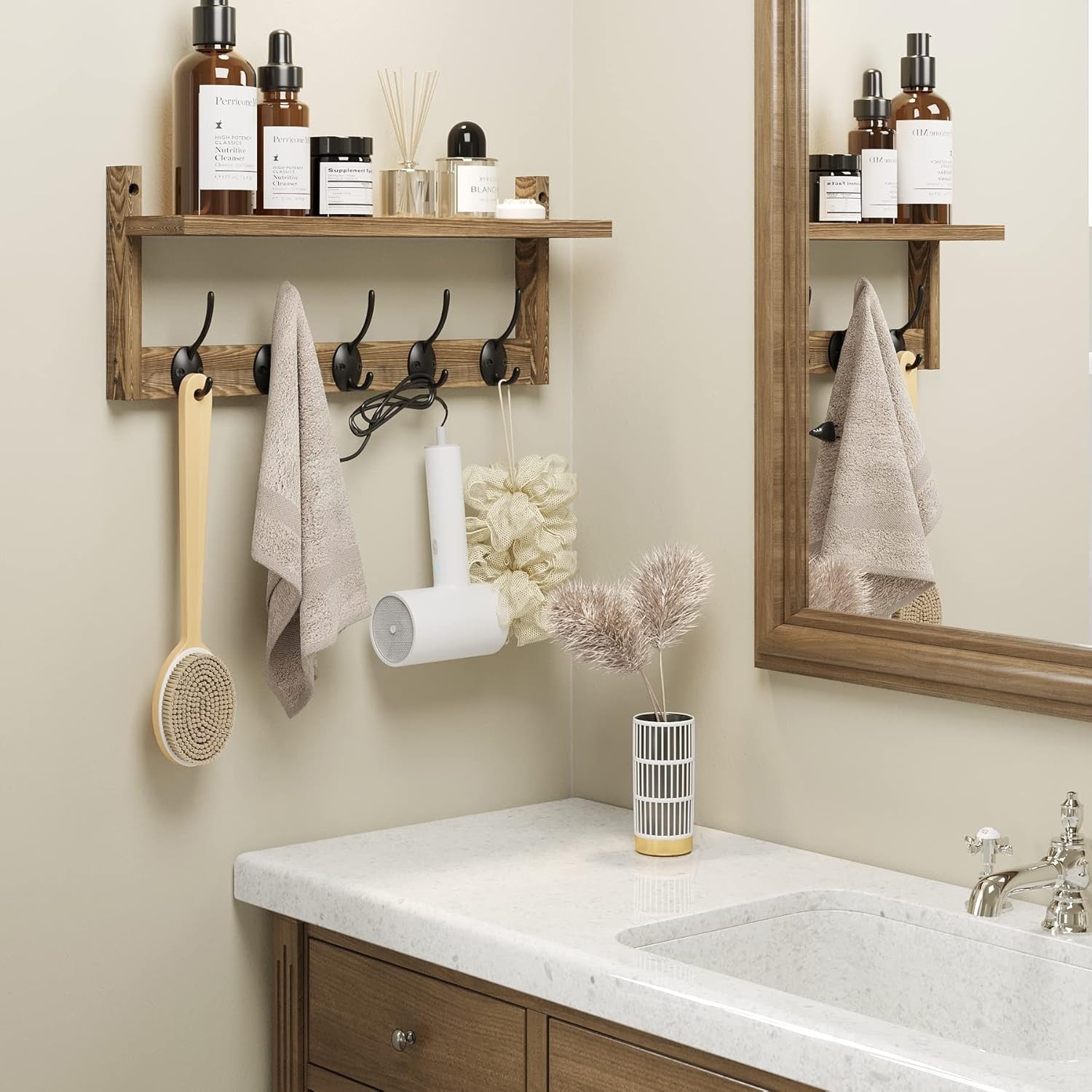 Wooden Wall Coat Rack with Shelf 43.5cm | 5 Hooks for Coats Hats Bags Keys