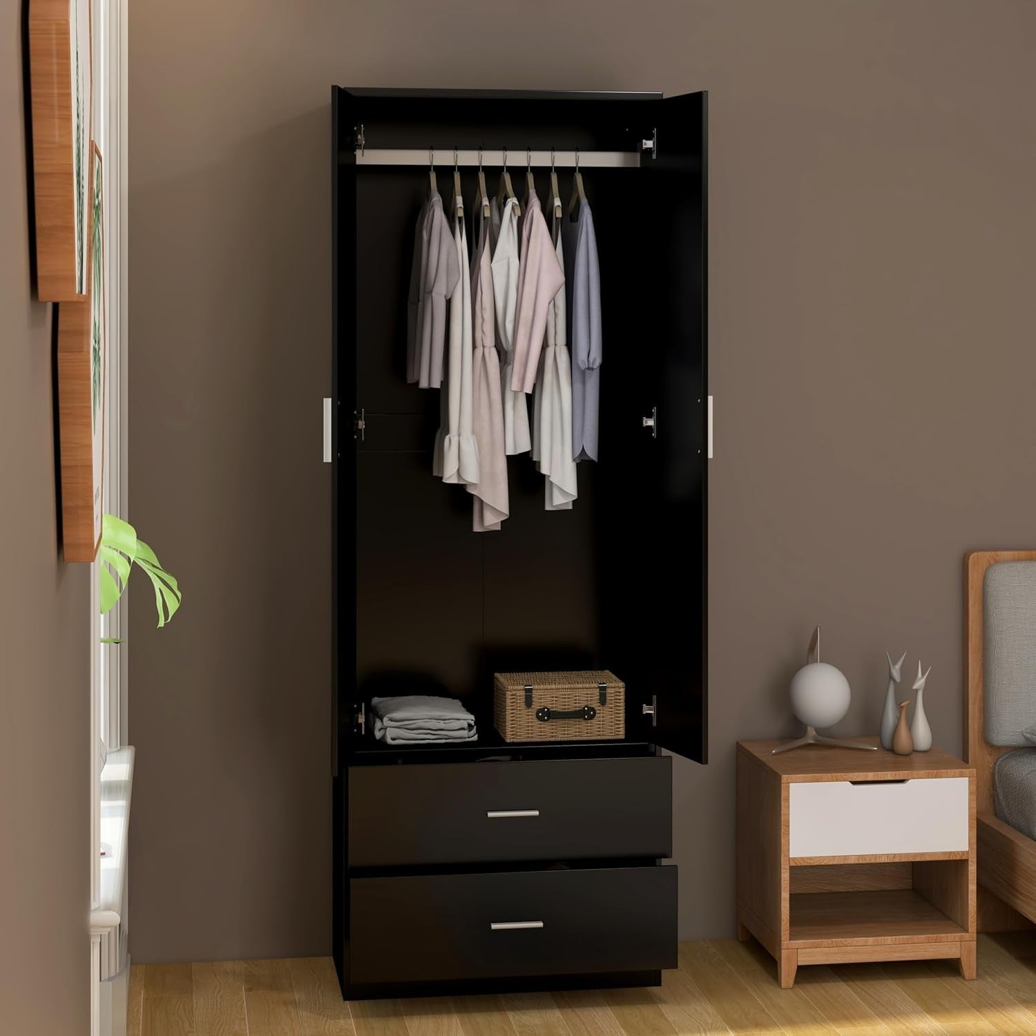 Black Mirrored 2 Door Wardrobe with Hanging Rail & Drawers - Modern Storage