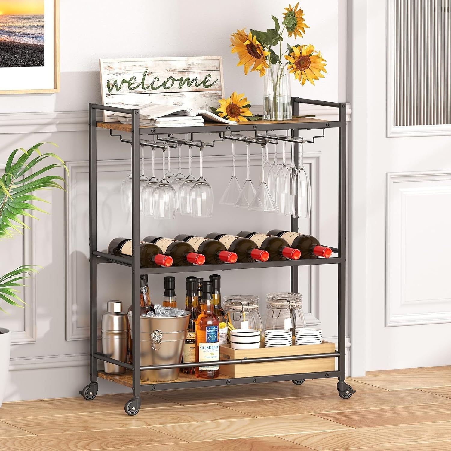 3 Tier Bar Cart with Wine Rack & Glass Holder, Lockable Wheels, Rustic Wood