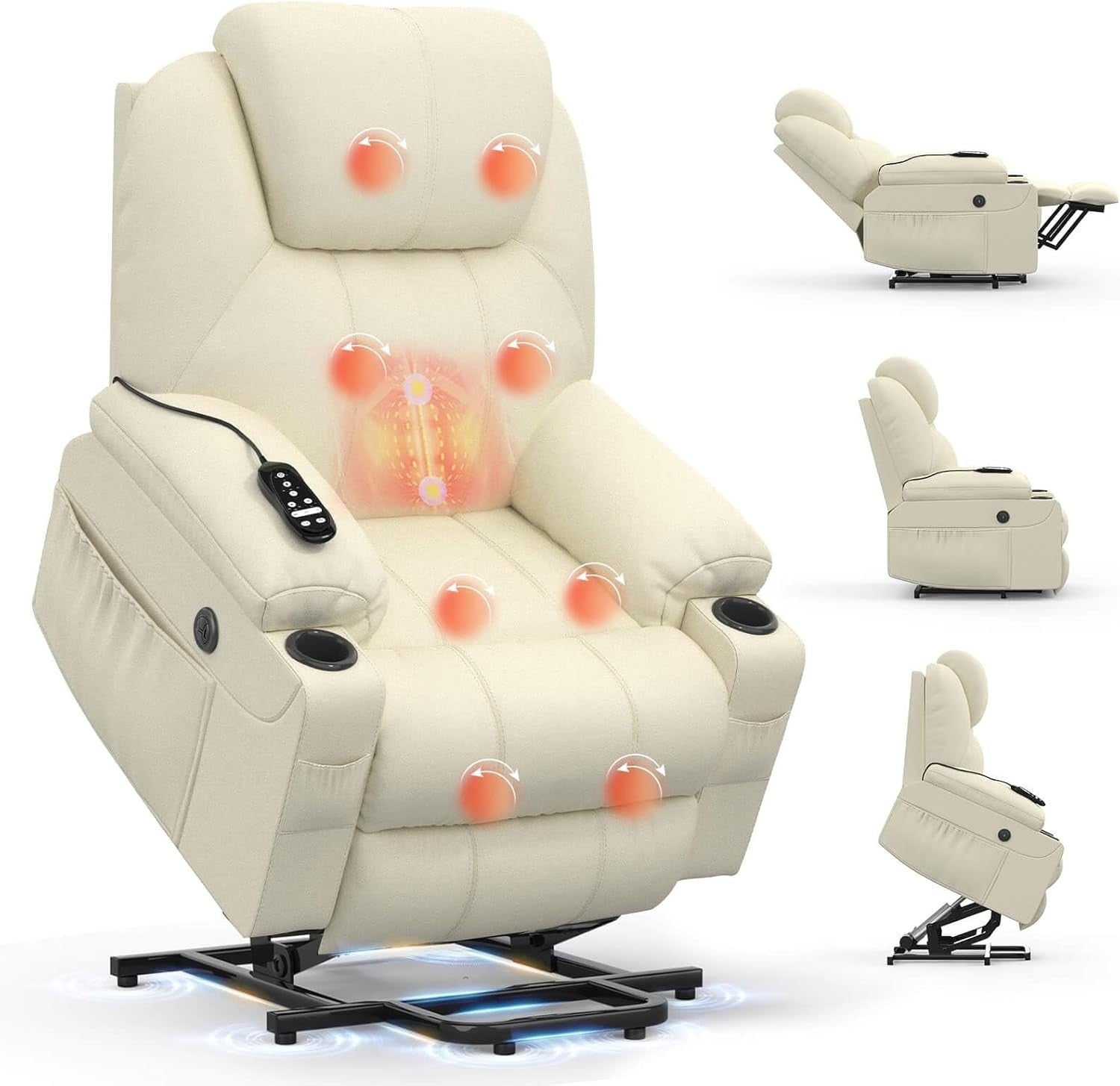 Power Lift Recliner Chair Massage Heat USB Type-C Faux Leather Beige Cup Holders