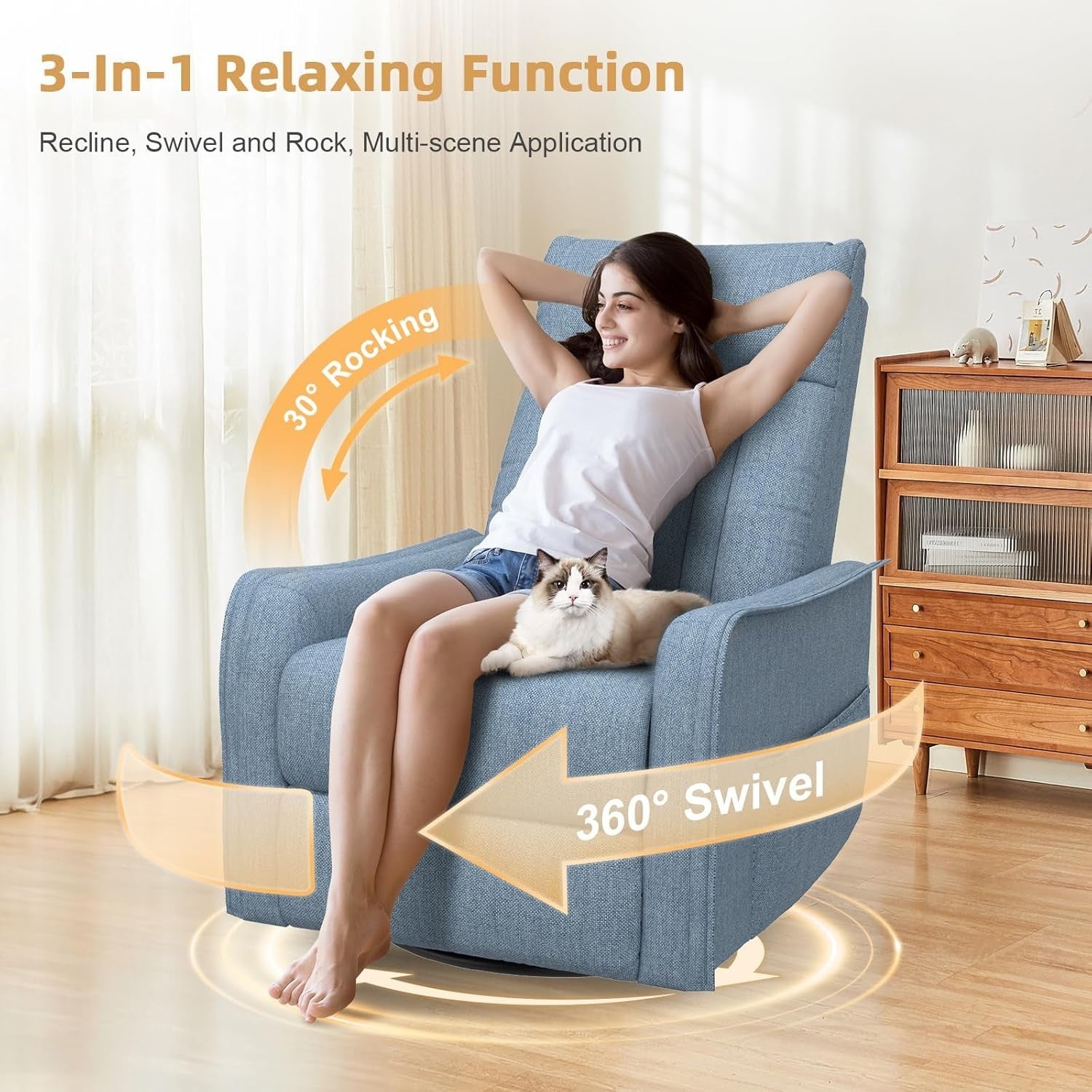 Swivel Rocking Recliner Chair Massage Heat 3-in-1 Footrest Dual Pockets Blue