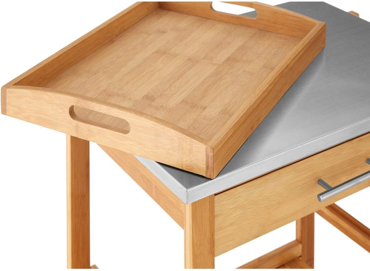 Wooden Kitchen Trolley Rolling Storage Cart Bamboo Shelves Drawer Wheels