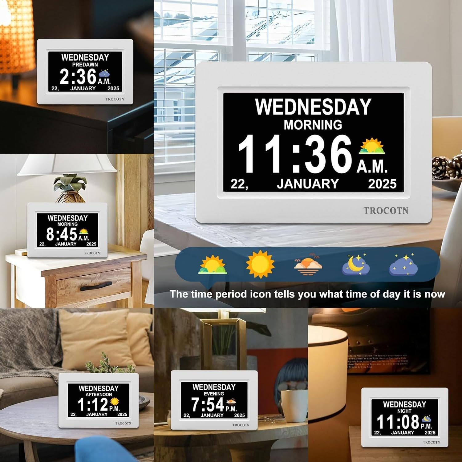 7” Dementia Digital Clock Large Day Display Auto Dimming Elderly