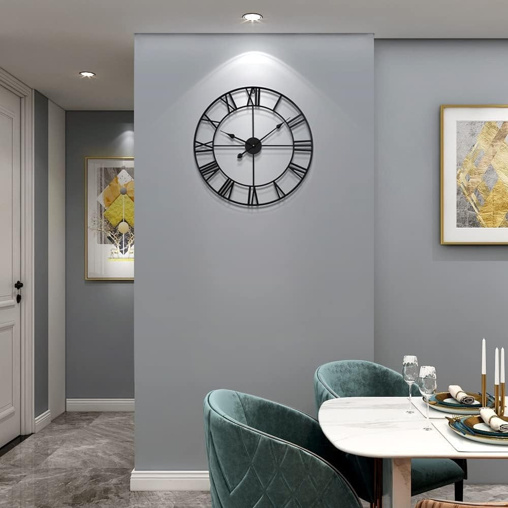 40cm Large Roman Numeral Wall Clock Black Metal Silent Quartz Modern Decor