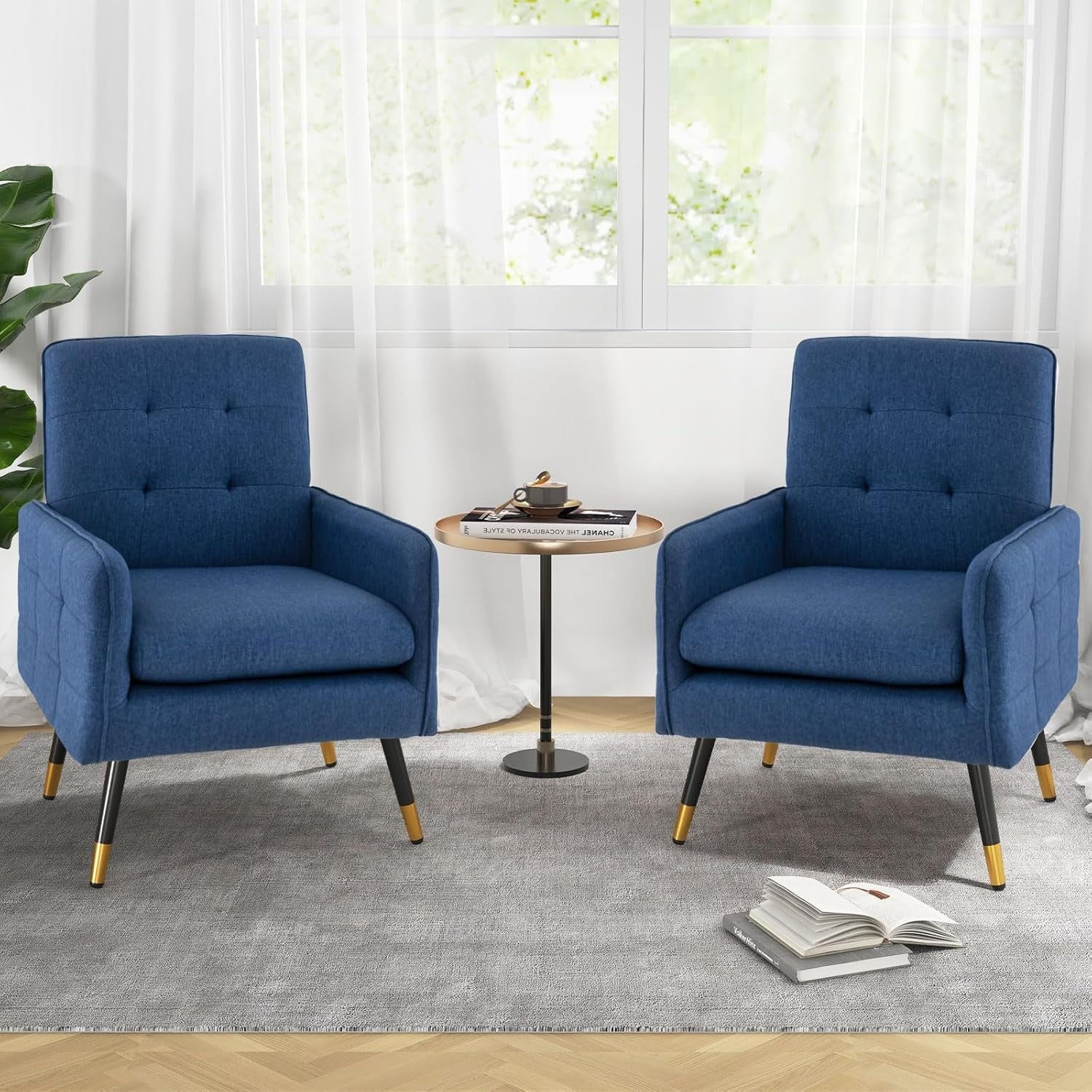 Blue Tufted Accent Armchair Linen Lounge Chair Metal Legs