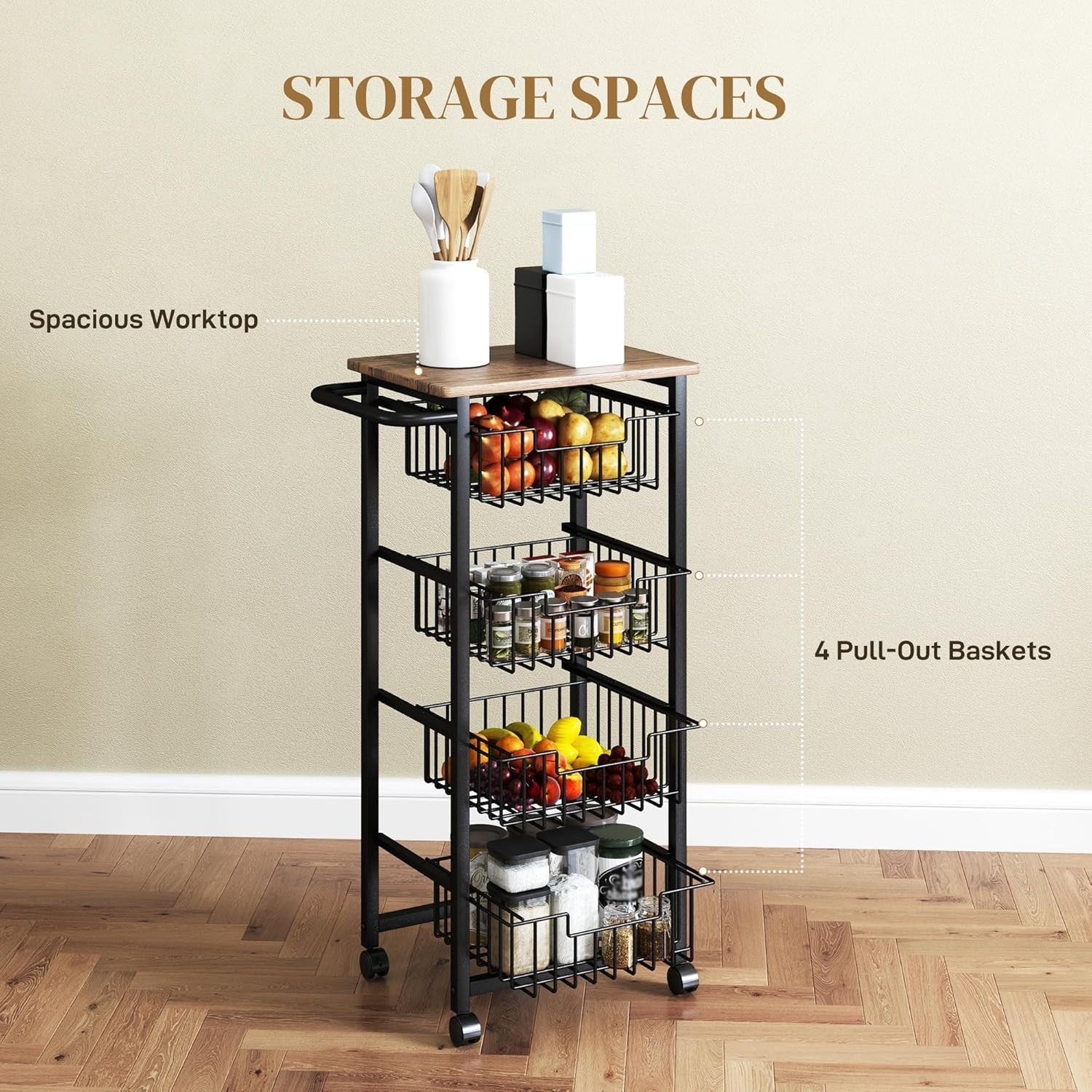 4 Tier Rolling Kitchen Storage Trolley Cart Mesh Baskets Oak