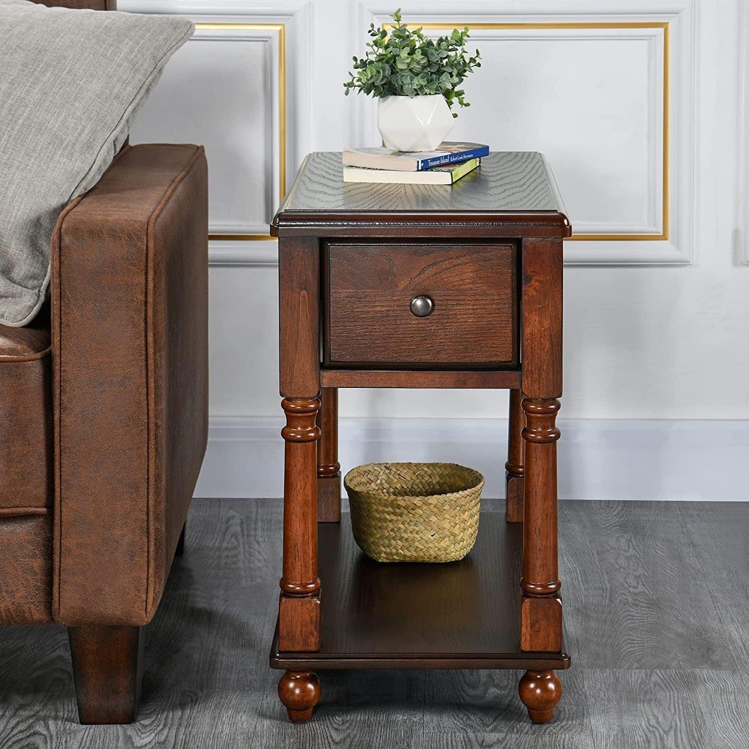 Solid Wood Narrow End Table with Drawer & Shelf – Dark Walnut Side Table