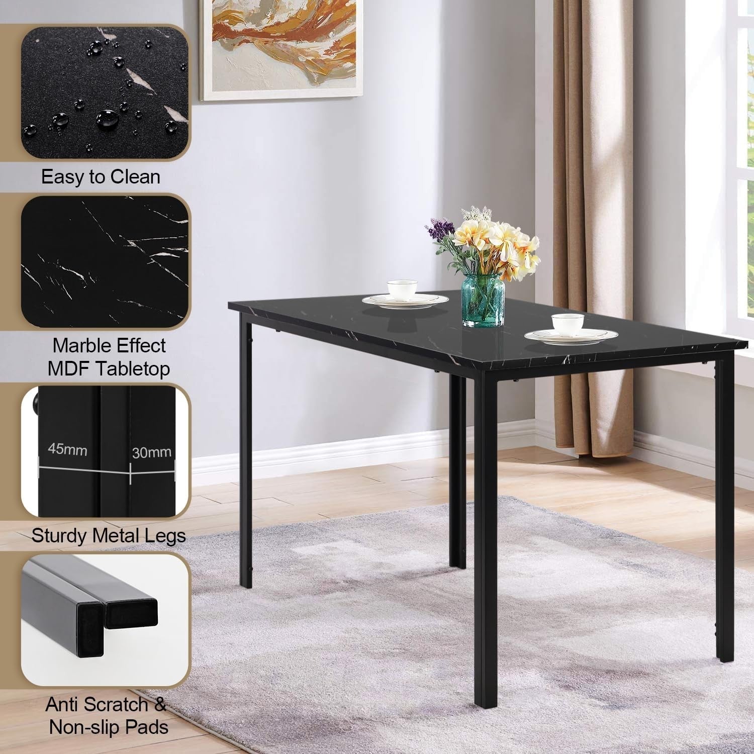 Modern Marble Dining Table Set 4 PU Chairs Black & Grey Leaf Pattern