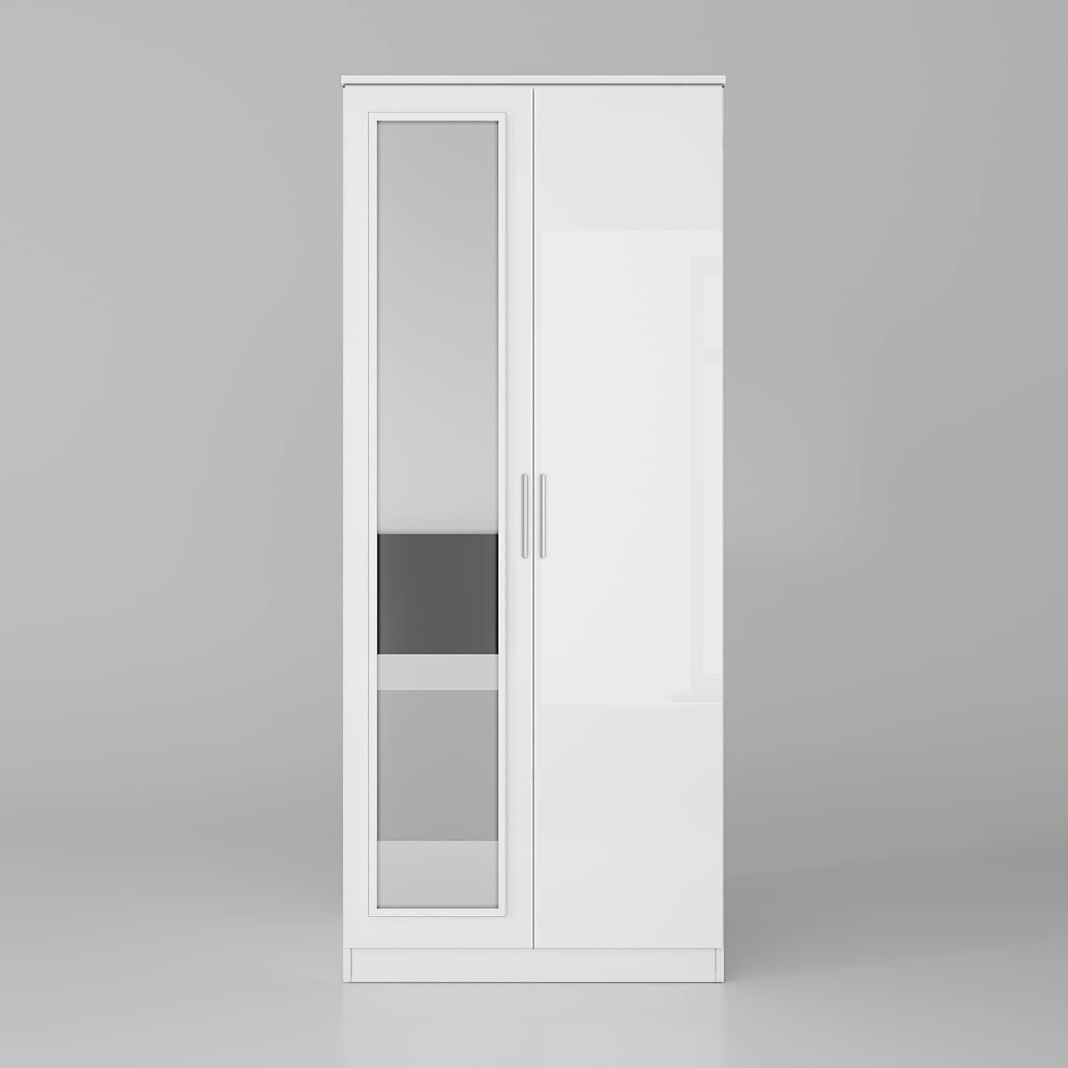 White Gloss 2 Door Wardrobe with Mirror & Rail Bedroom Storage 180cm
