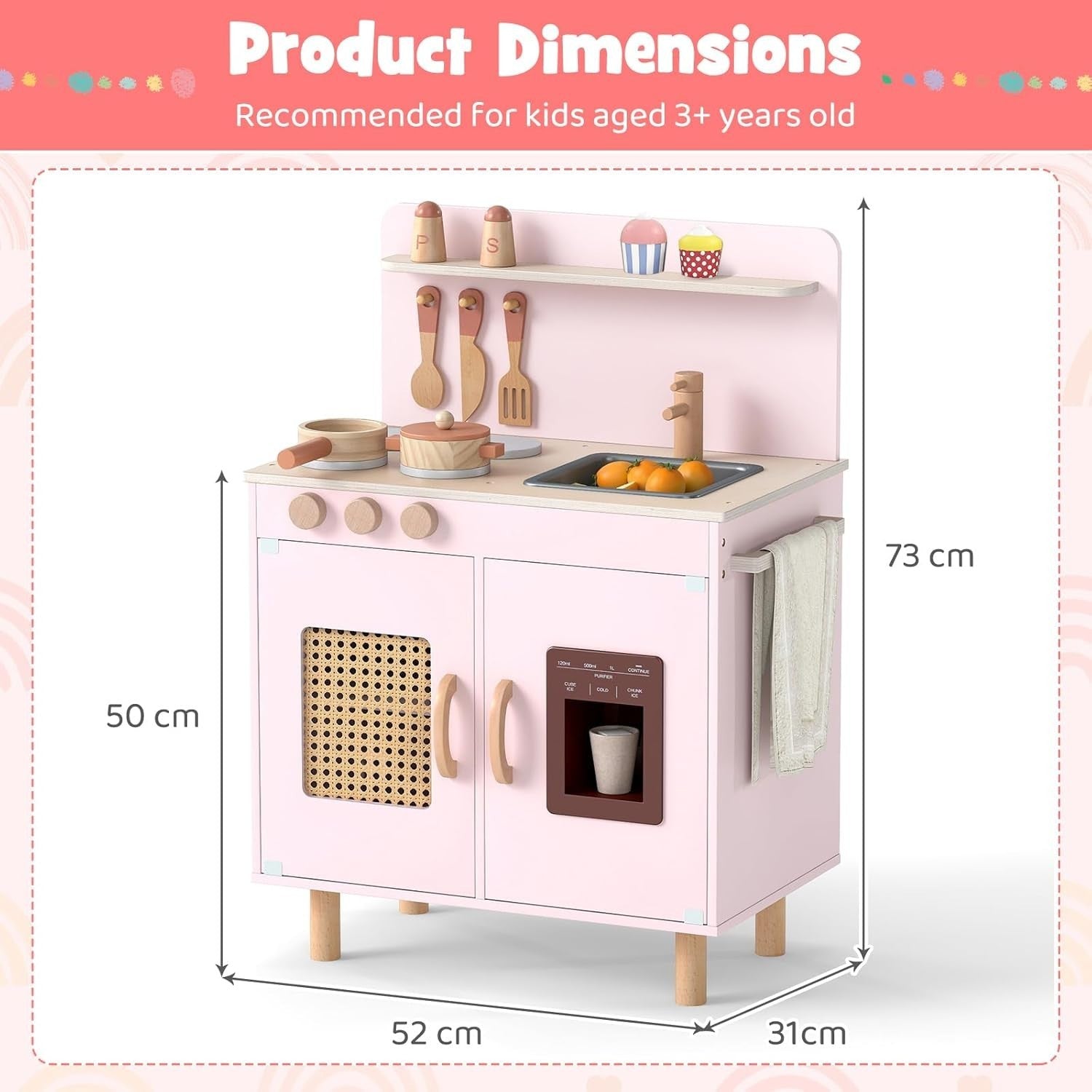 Wooden Kids Play Kitchen Pink w/ Ice Maker Sink Accessories Set