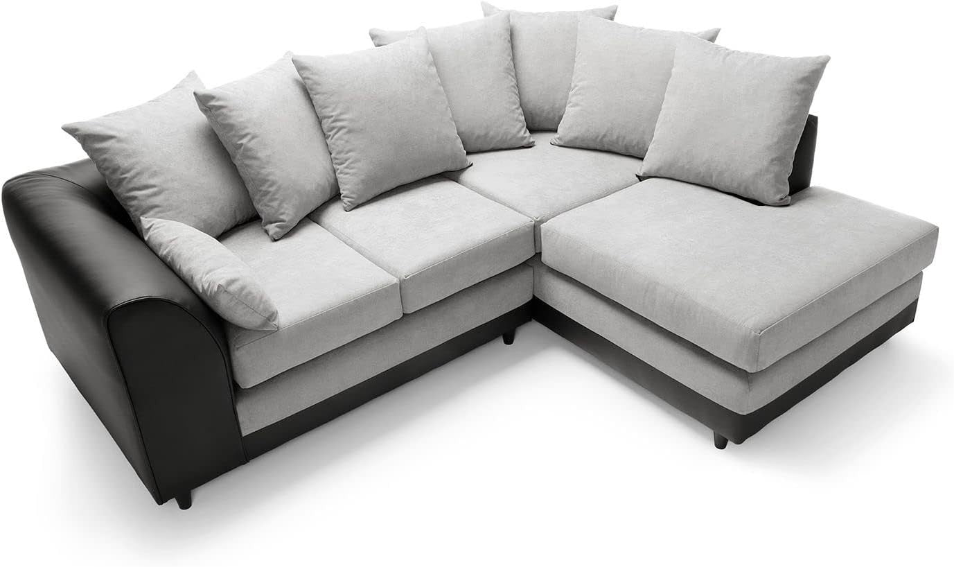 Modern Black L-Shaped Corner Sofa Sectional with Faux Leather & Chenille Comfort
