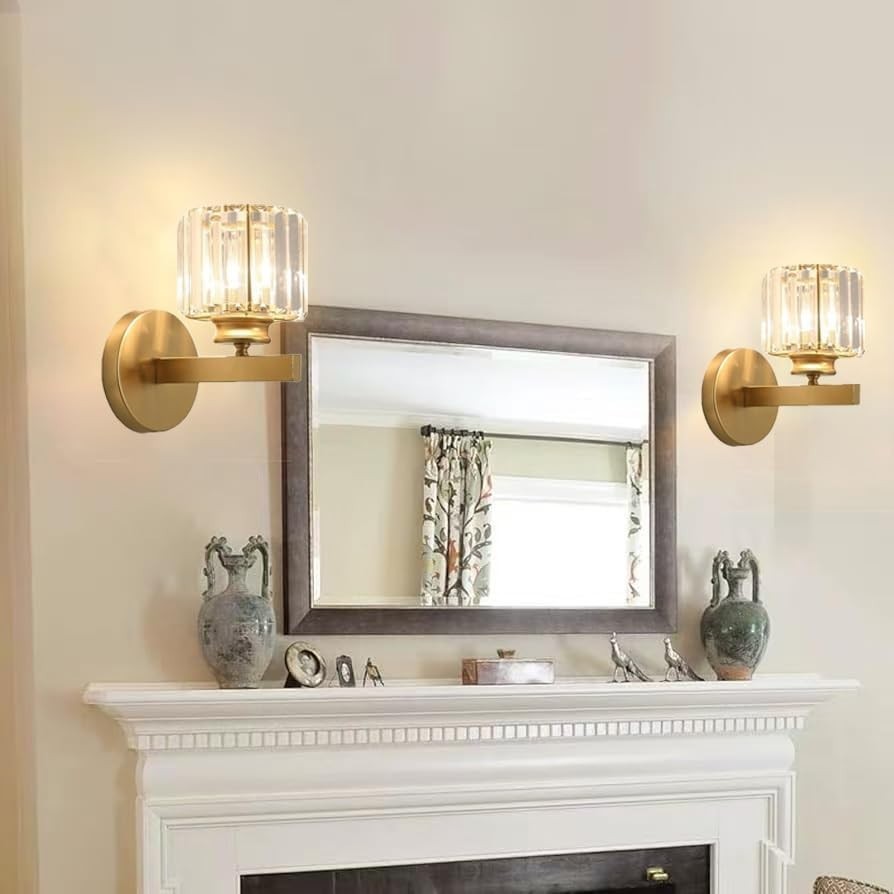 Cordless Gold Glass Wall Sconces Set of 2, Remote Dimmable Battery Lights