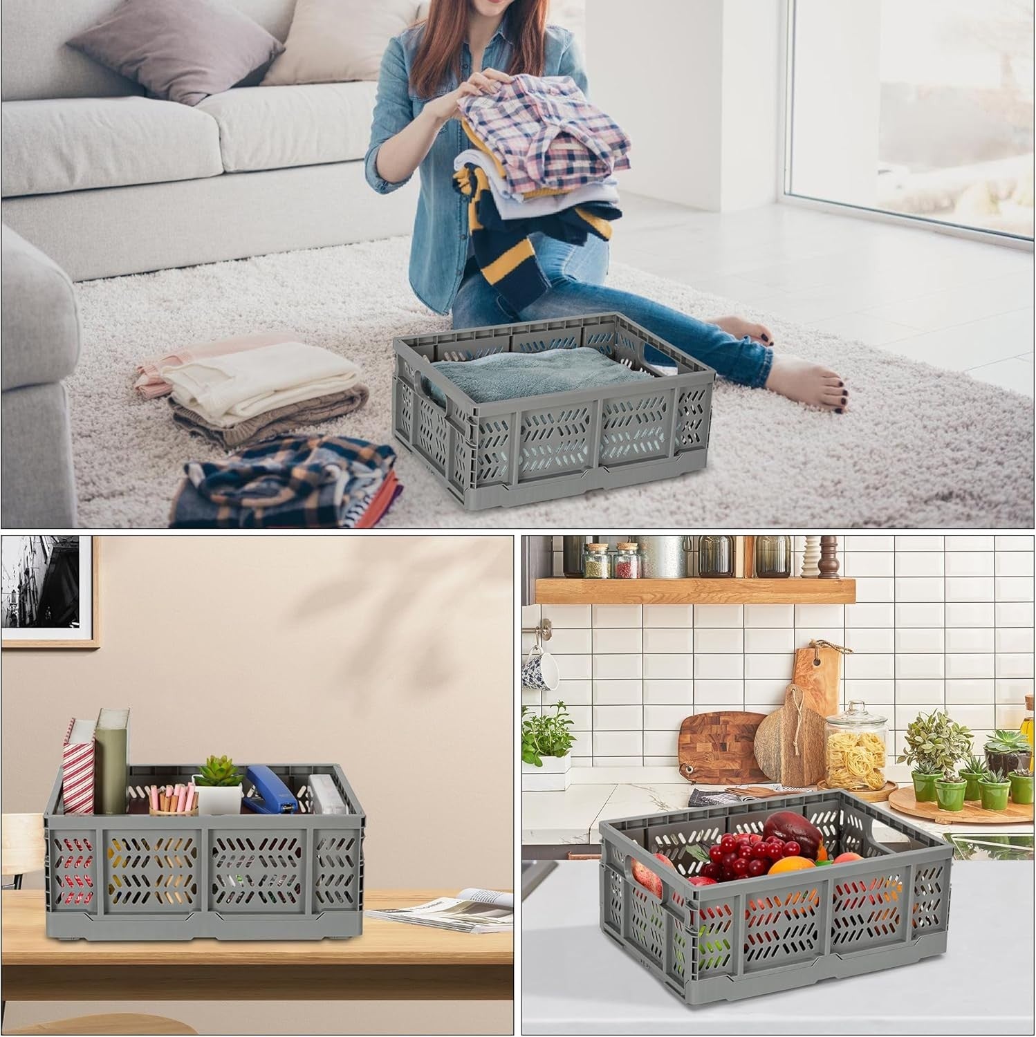 4x 20L Folding Storage Crates Collapsible Plastic Stackable Bins Grey