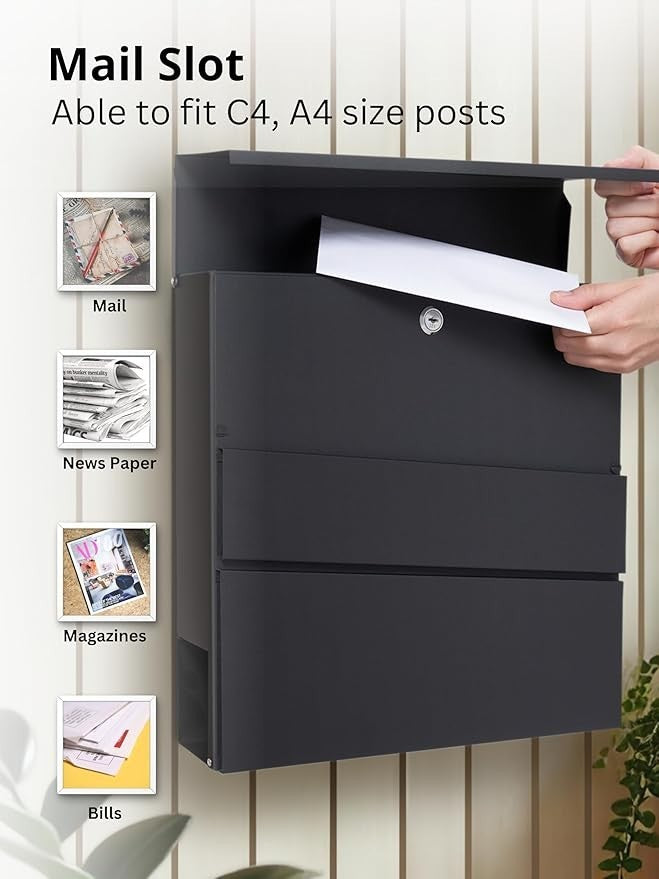 Lockable Wall Mounted Post Box with Keys – Steel Mailbox & Newspaper Holder