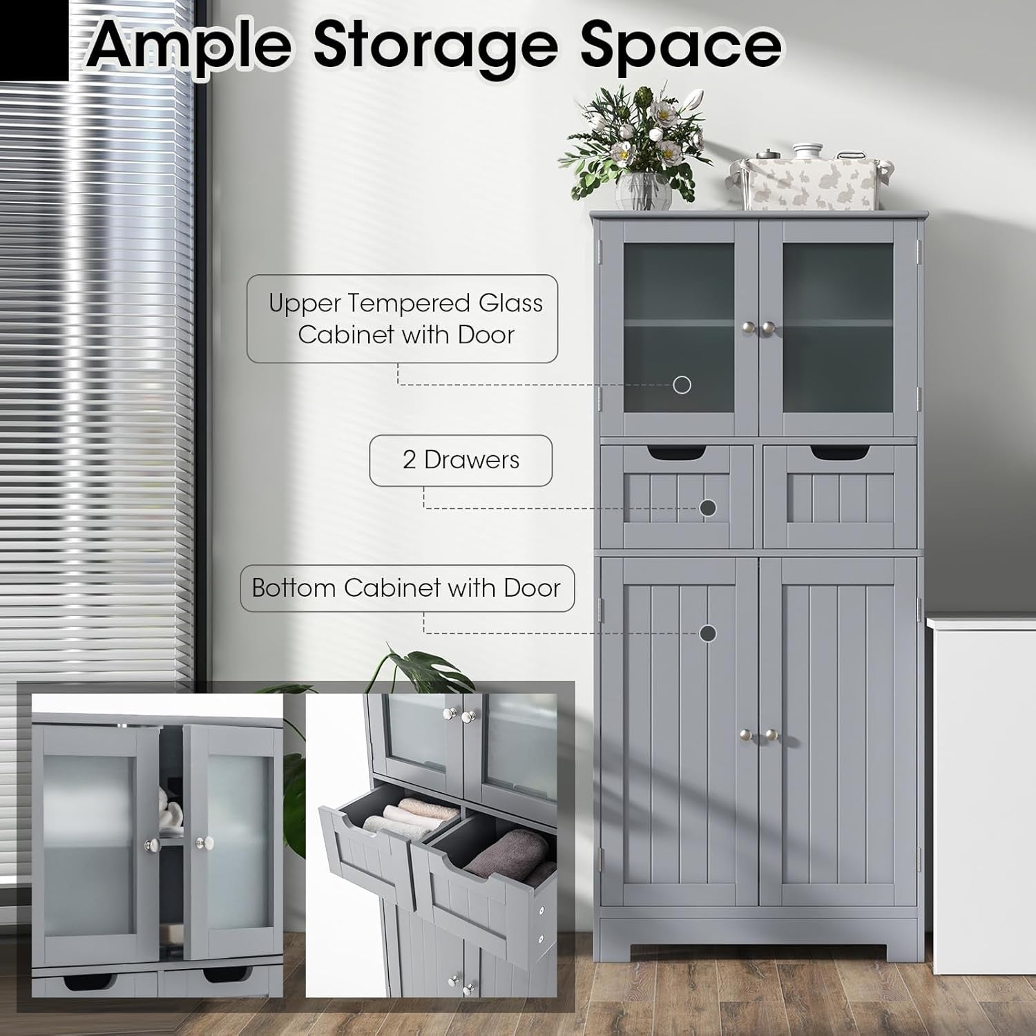 Grey Freestanding Storage Cabinet with Glass Doors & Drawers Shelves