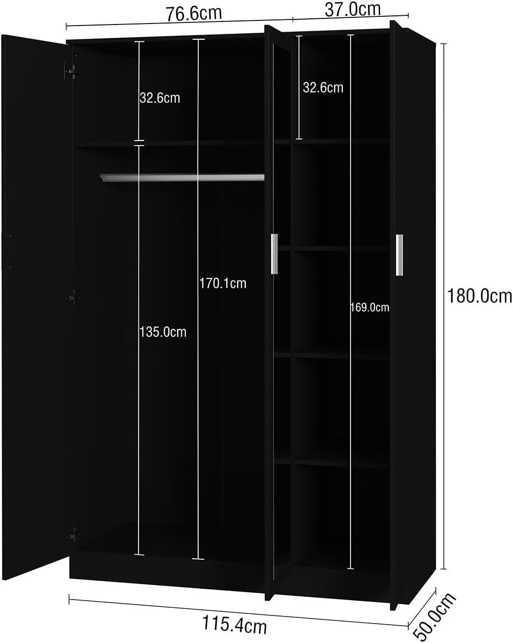 3-Door Mirrored Wardrobe with 6 Storage Compartments & Hanging Rail, Black