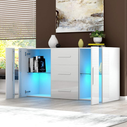 RGB LED Sideboard Cabinet Cupboard Storage Unit 2 Door 3 Drawer White