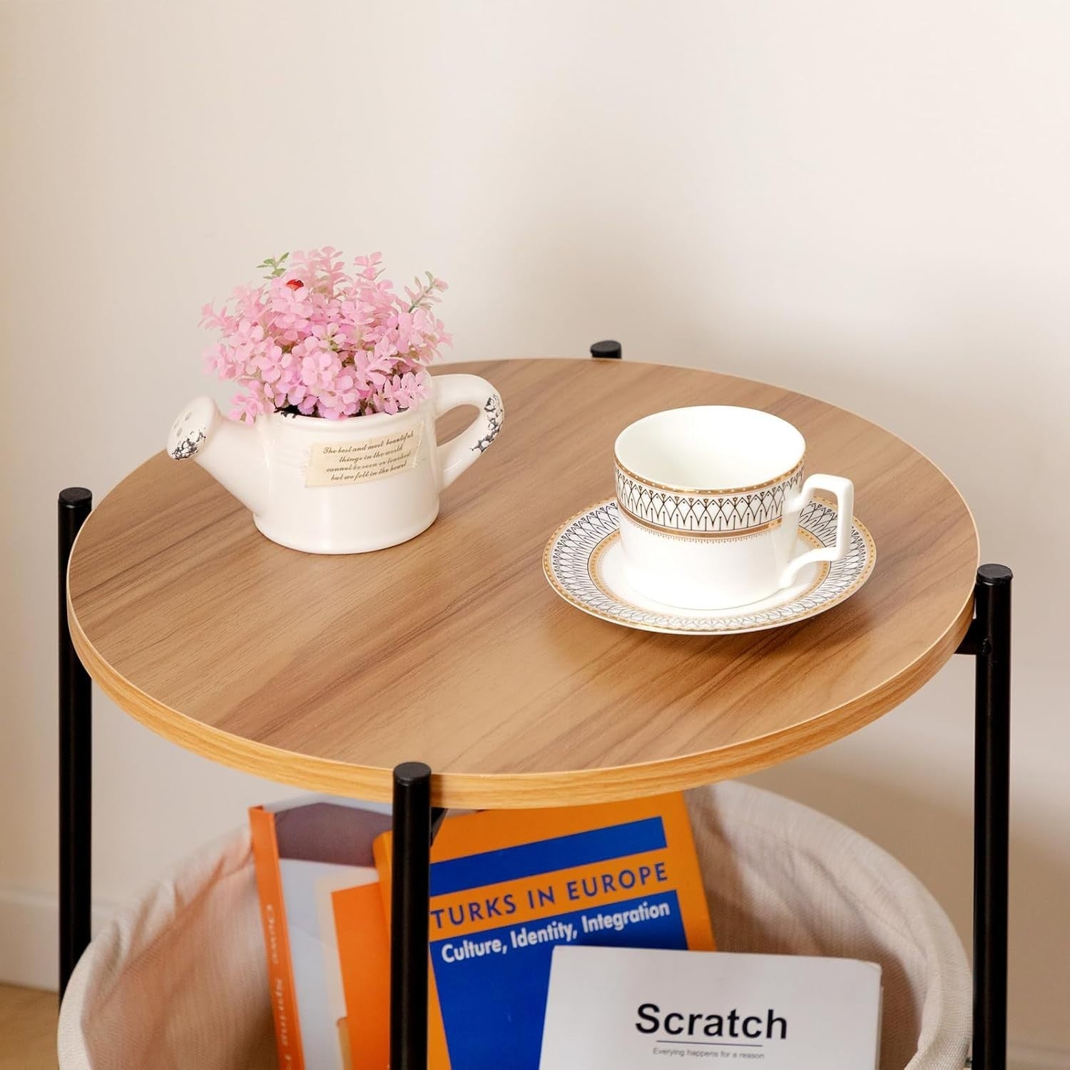 Round Side Table with Fabric Basket Storage Small Coffee Sofa Table