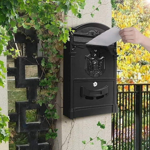 Lockable Wall Mounted Post Box Black – Waterproof Retro Mailbox for Gates