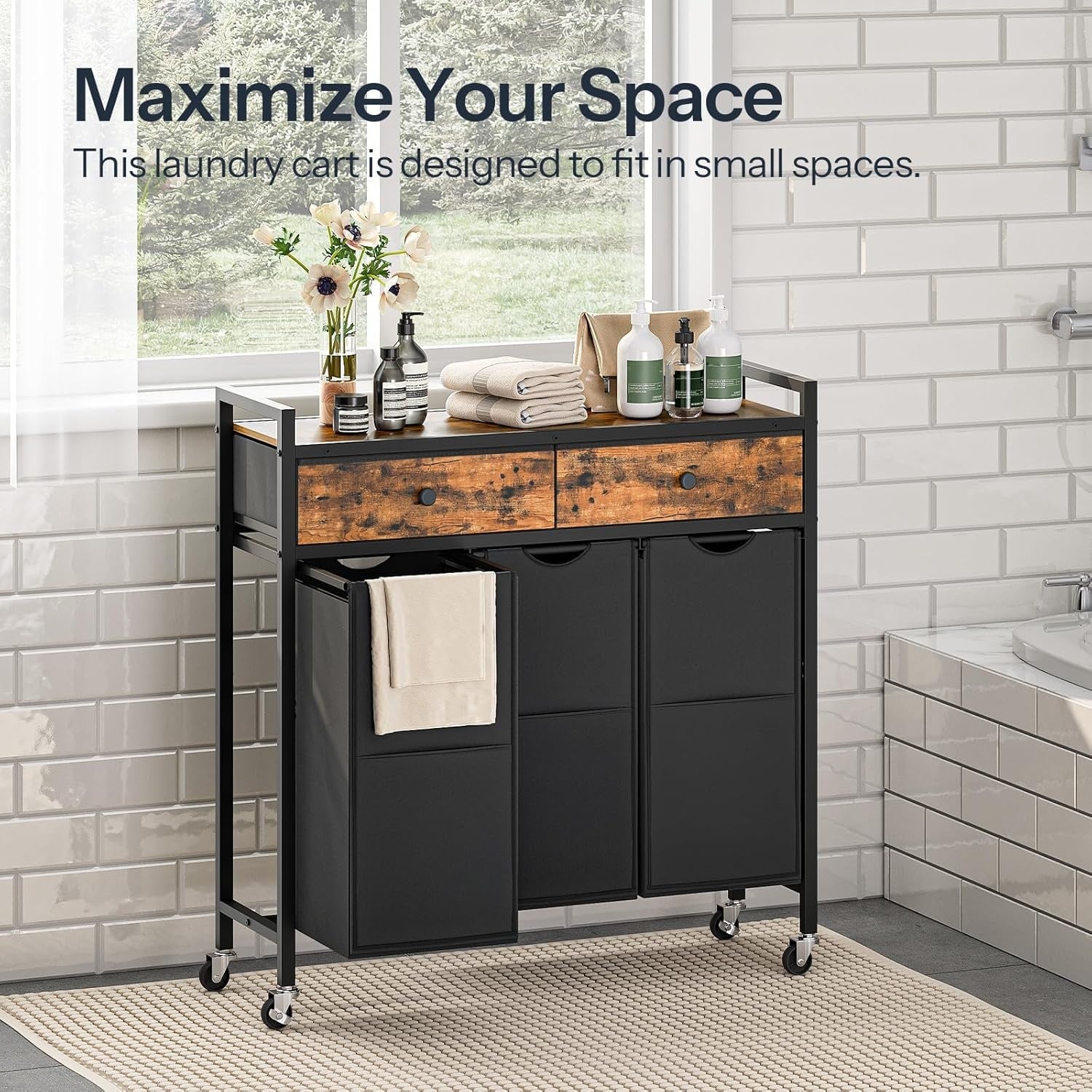 3 Compartment Laundry Sorter on Wheels Rustic Brown Black with Pull Out Bags
