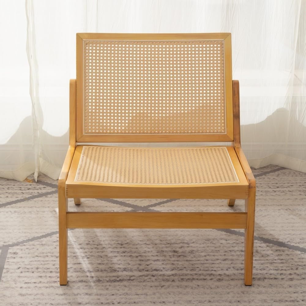 Rattan Accent Lounge Chair Natural Wood Frame Armchair for Living Room