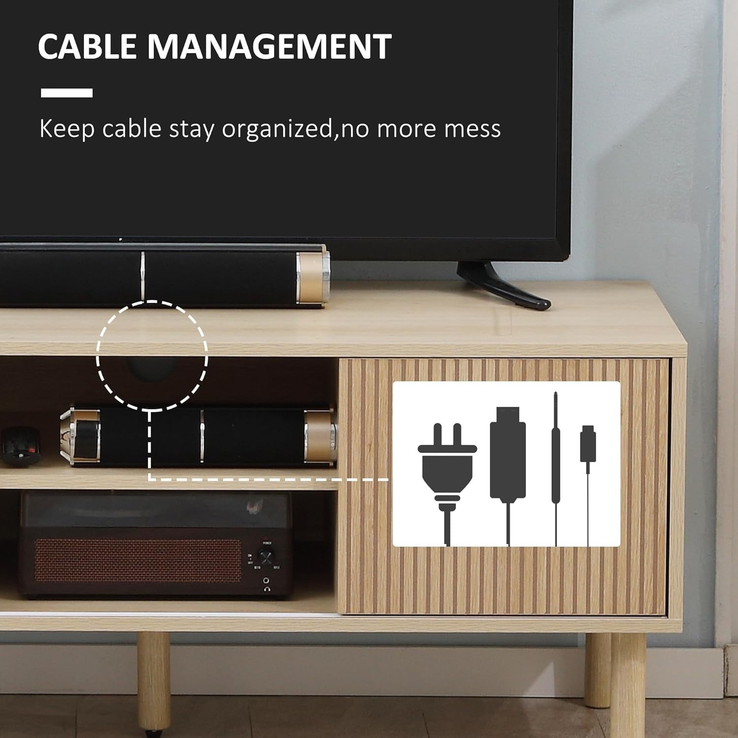 Modern Wood TV Unit Cabinet Stand with Storage Shelves & Sliding Doors
