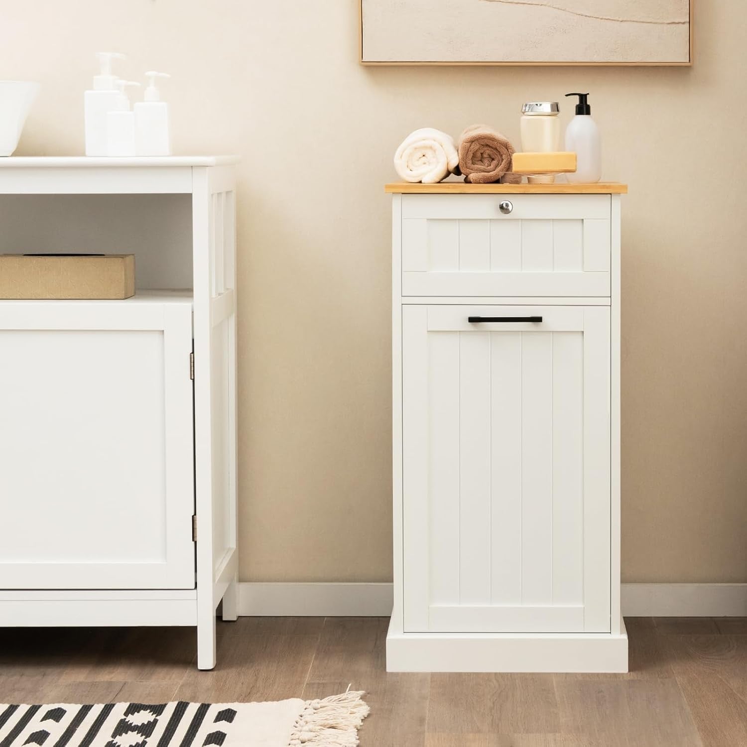 White Tilt-Out Laundry Cabinet with Drawer & Removable Hamper | Freestanding Bat